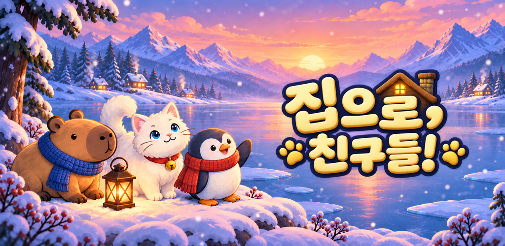 눈 덮인 호숫가에서 카피바라, 고양이, 펭귄이 함께하는 집으로, 친구들! 홍보 일러스트