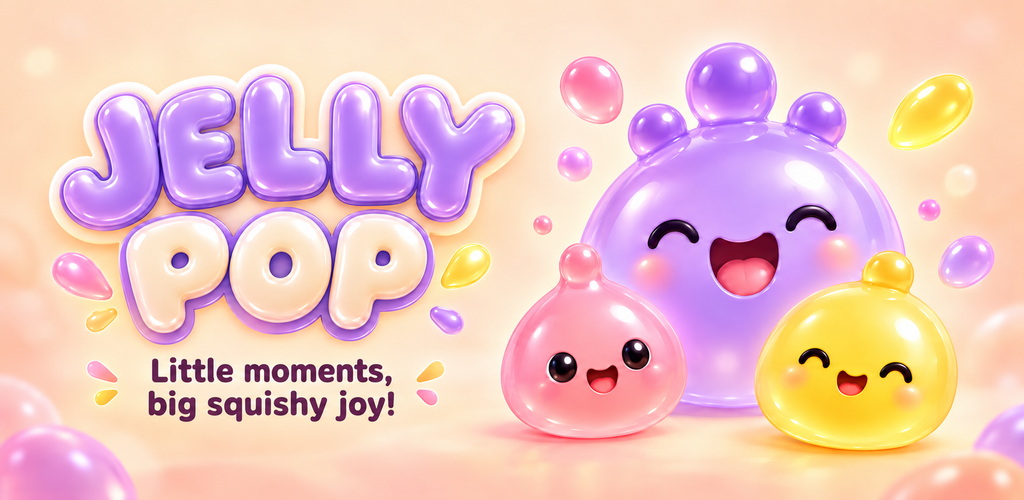 Promotional artwork for JellyPop featuring purple, pink, and yellow jelly friends