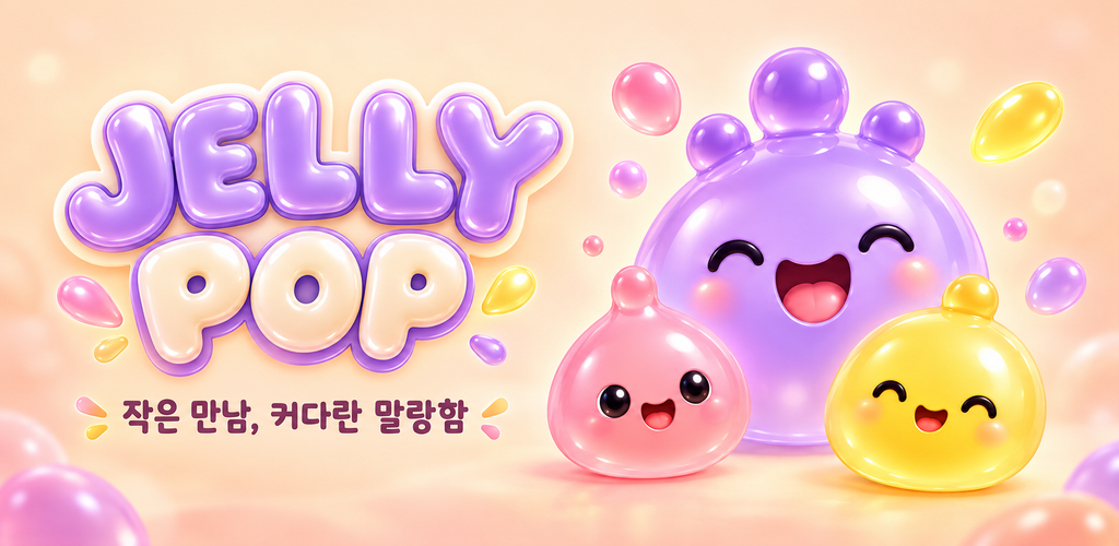 Jelly Pop, 작은 만남 커다란 말랑함. 보라색, 분홍색, 노란색 젤리 친구들의 홍보 일러스트