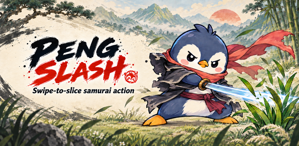Promotional artwork for PENG SLASH showing a samurai penguin in a red scarf cutting grass with a sword