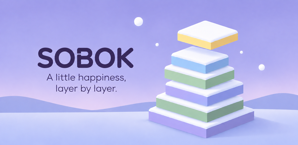Promotional artwork for Sobok showing a tower of snow-covered pastel blocks